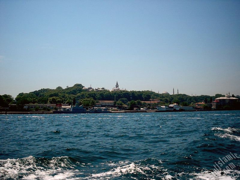 View of Sarayburnu coast, Topkapi Palace and Ayasofya Mosque (Hagia Sophia) from the sea in Istanbul city of Turkey.
