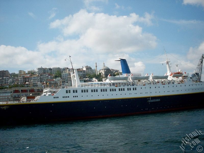 View of Karakoy coast from the Bosphorus in Istanbul city of Turkey.
