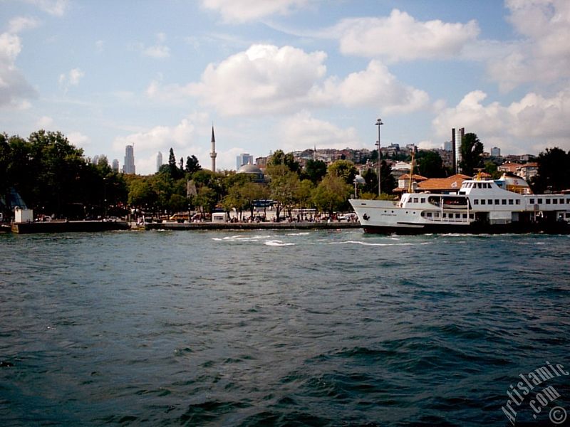 View of Besiktas coast and Sinan Pasha Mosque its behind from the Bosphorus in Istanbul city of Turkey.
