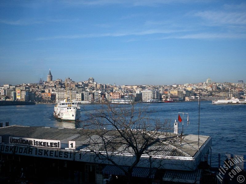 View of jetty, coast and historical Galata Tower from an overpass at Eminonu district in Istanbul city of Turkey.
