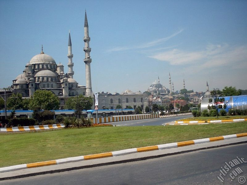 View of Yeni Cami (Mosque), Suleymaniye Mosque and below Rustem Pasha Mosque located in the district of Eminonu in Istanbul city of Turkey.
