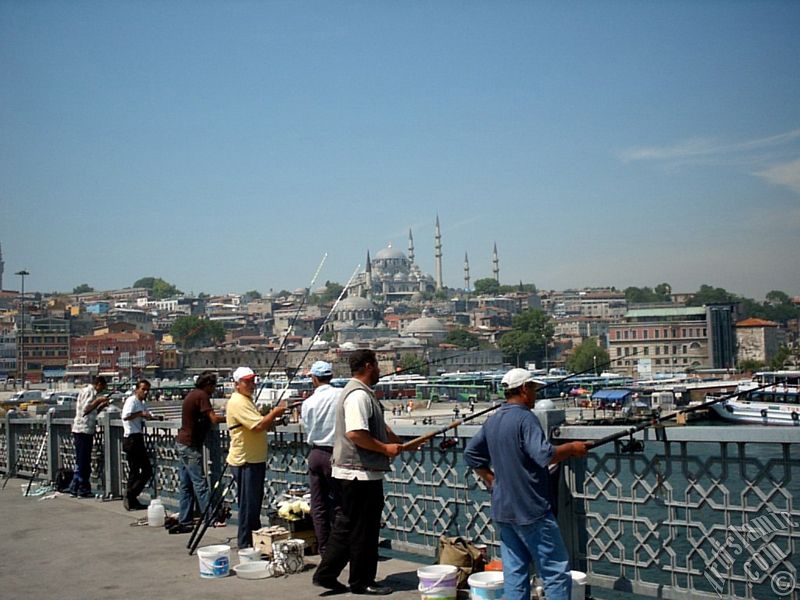 View of fishing people, at far behind Suleymaniye Mosque and below Rustem Pasha Mosque from Galata Bridge located in Istanbul city of Turkey.
