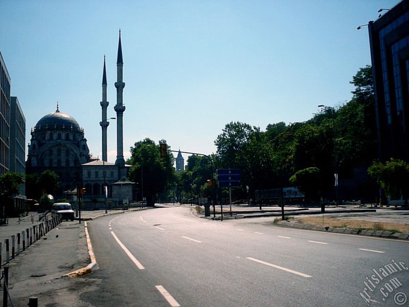 View towards Nusretiye Mosque and Galata Tower from Karakoy district in Istanbul city of Turkey.
