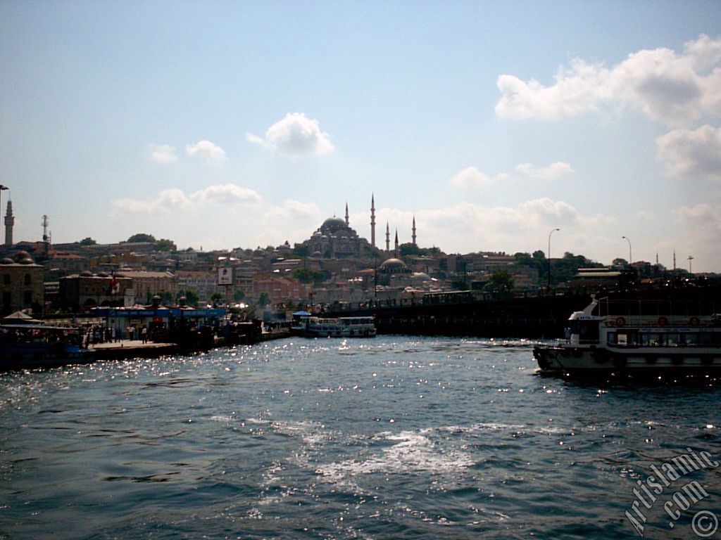 View of (from left) Beyazit Tower, Egyptian Bazaar (Spice Market), Suleymaniye Mosque, (below) Rustem Pasha Mosque and Galata Bridge from the shore of Eminonu in Istanbul city of Turkey.
