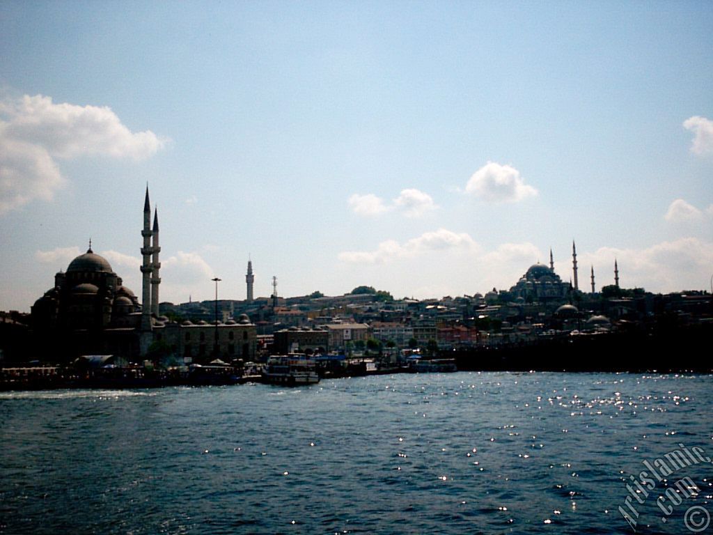 View of (from left) Yeni Cami (Mosque), Beyazit Tower, Egyptian Bazaar (Spice Market), Suleymaniye Mosque and (below) Rustem Pasha Mosque from the shore of Eminonu in Istanbul city of Turkey.
