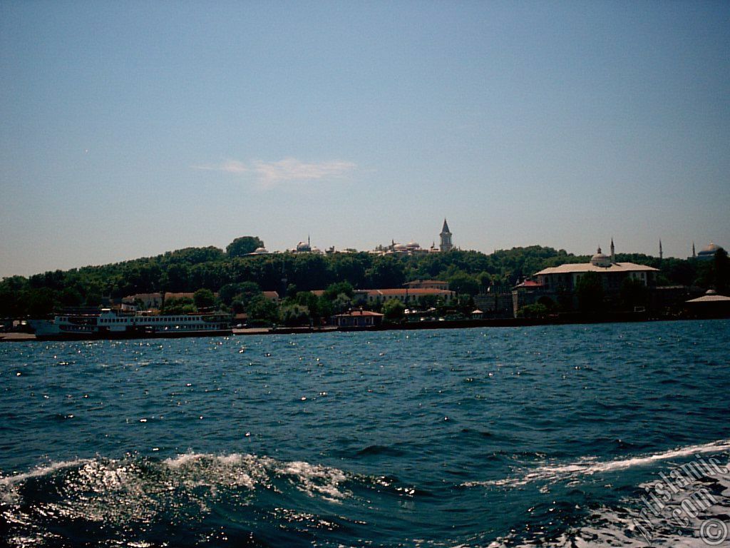 View of Sarayburnu coast, Topkapi Palace and Ayasofya Mosque (Hagia Sophia) from the sea in Istanbul city of Turkey.
