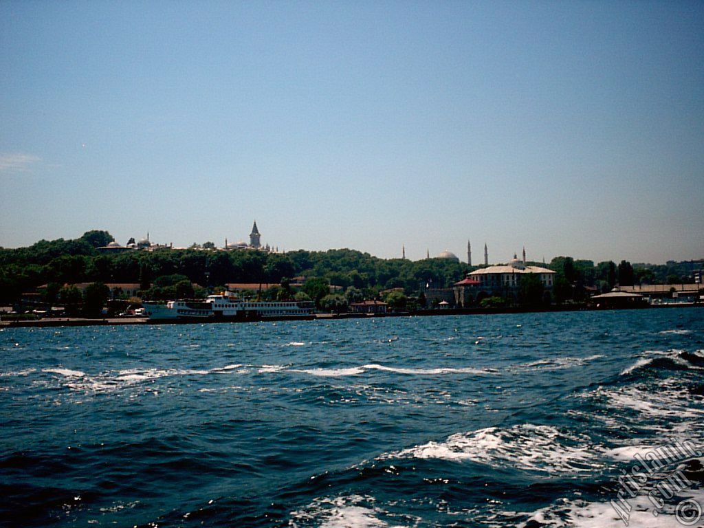 View of Sarayburnu coast, Topkapi Palace and Ayasofya Mosque (Hagia Sophia) from the sea in Istanbul city of Turkey.
