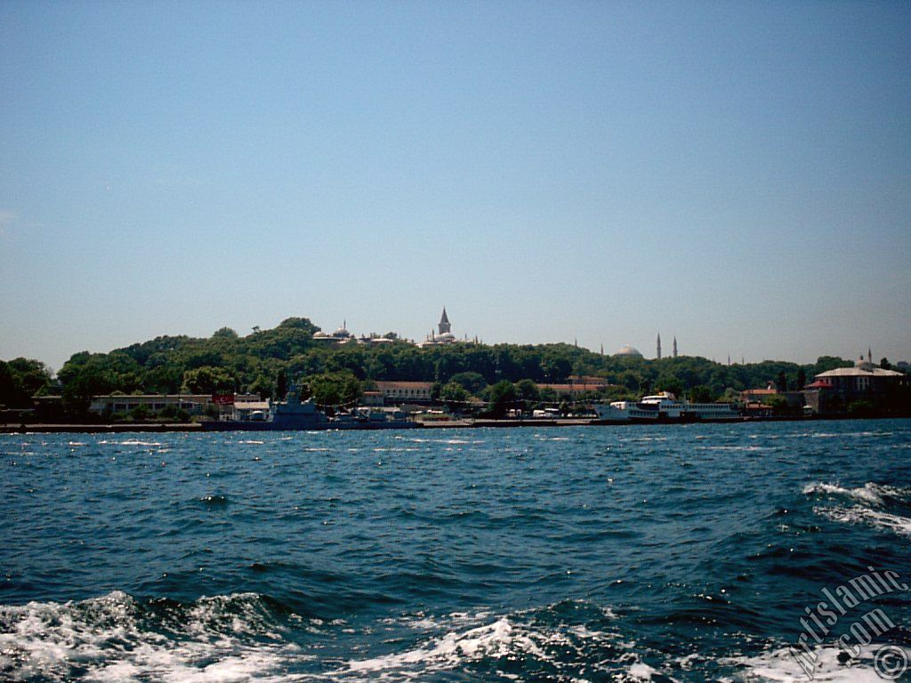 View of Sarayburnu coast, Topkapi Palace and Ayasofya Mosque (Hagia Sophia) from the sea in Istanbul city of Turkey.
