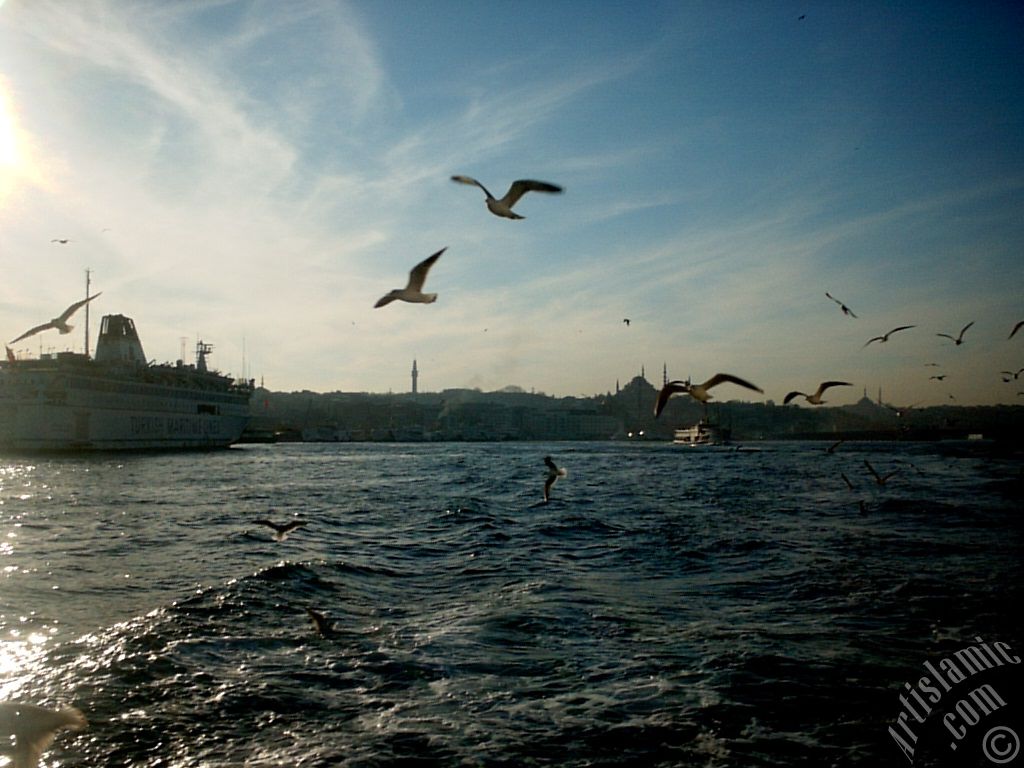 View of Eminonu coast, Beyazit Tower, Suleymaniye Mosque and Fatih Mosque from the Bosphorus in Istanbul city of Turkey.

