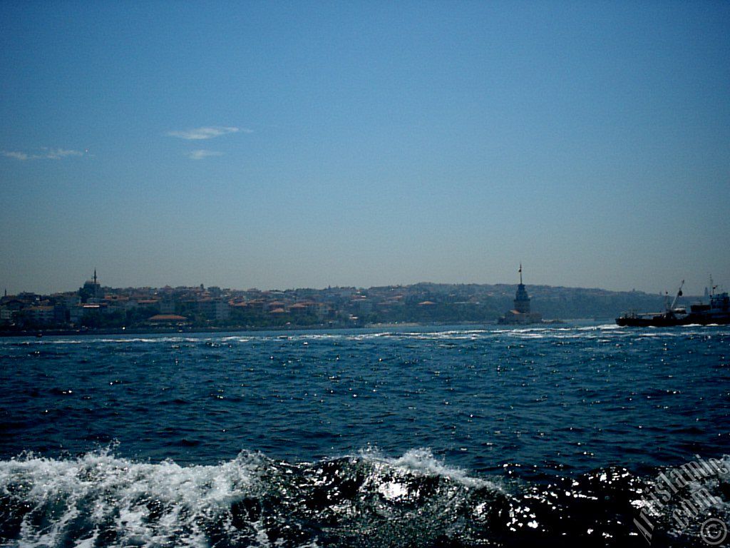 View of Kiz Kulesi (Maiden`s Tower) and Uskudar coast from the Bosphorus in Istanbul city of Turkey.
