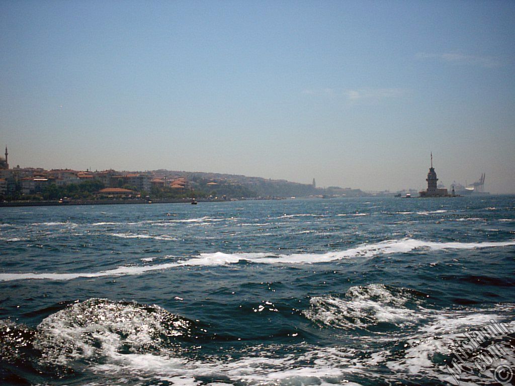 View of Kiz Kulesi (Maiden`s Tower) and Uskudar coast from the Bosphorus in Istanbul city of Turkey.
