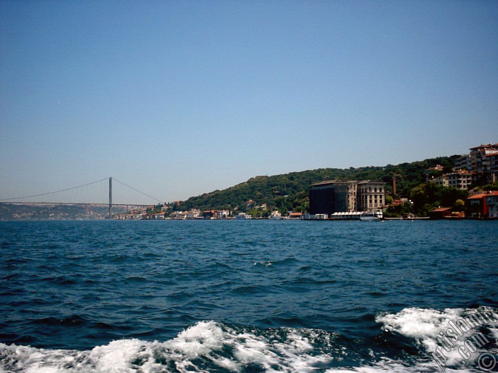 View of Uskudar coast and Bosphorus Bridge from the Bosphorus in Istanbul city of Turkey.
