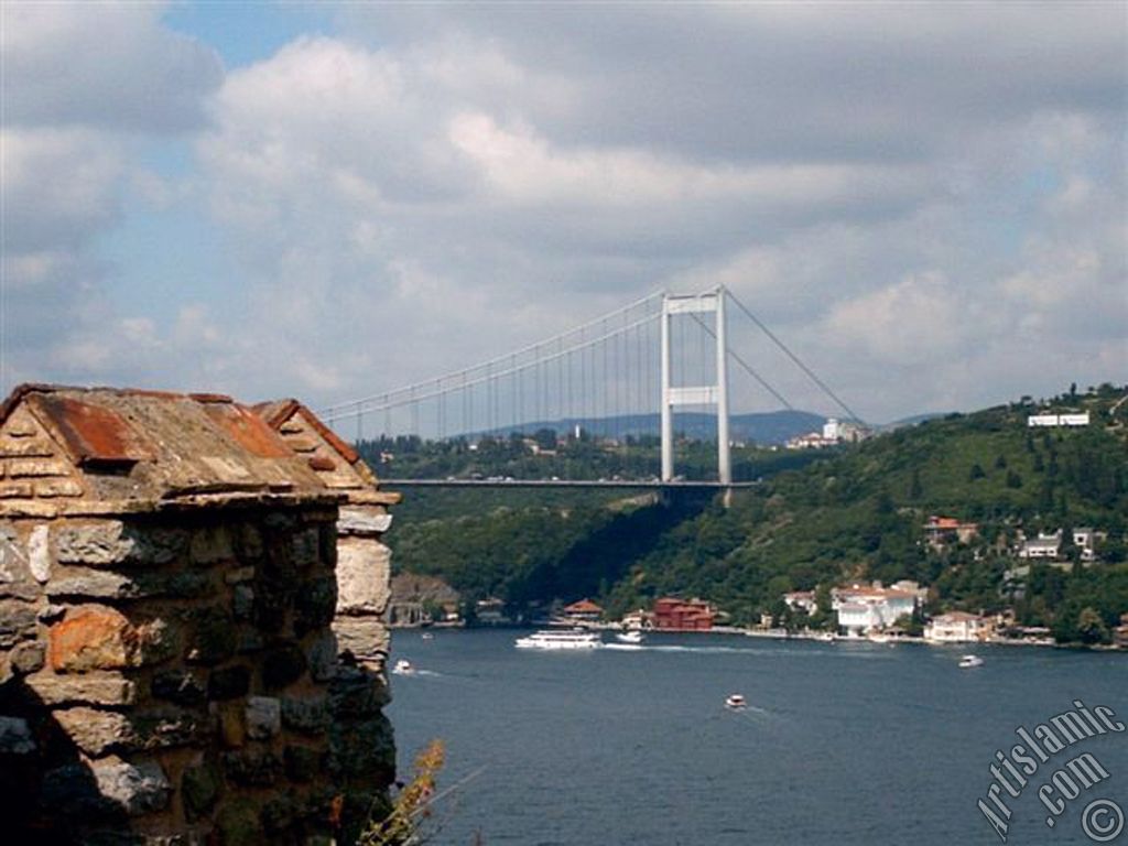 View of the Bosphorus and Fatih Sultan Mehmet Bridge from Rumeli Hisari which was ordered by Sultan Mehmet the Conqueror to be built before conquering Istanbul in 1452 in Turkey.
