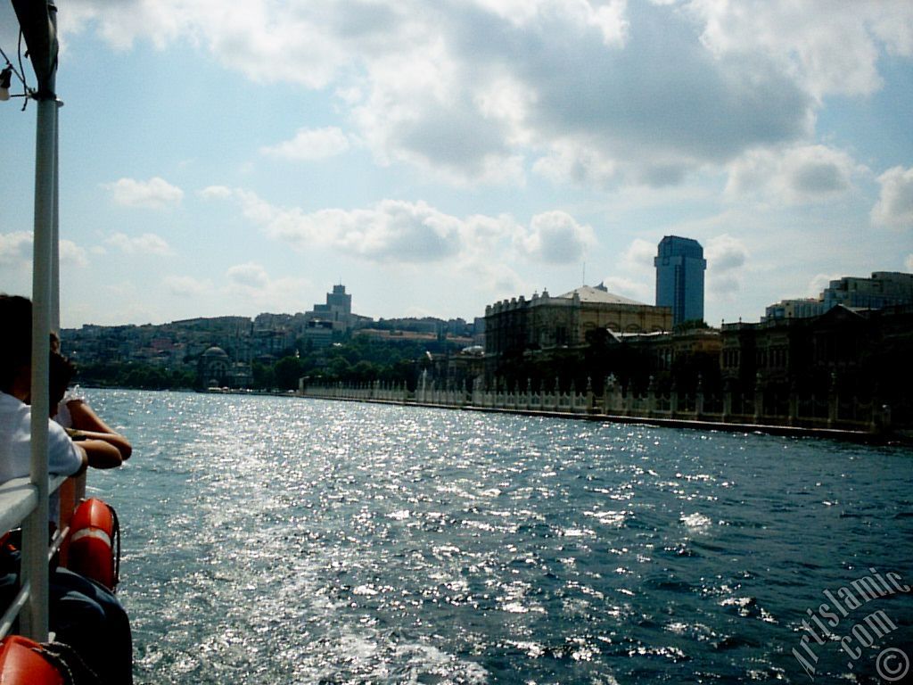 View of Dolmabahce Palace and Valide Sultan Mosque from the Bosphorus in Istanbul city of Turkey.
