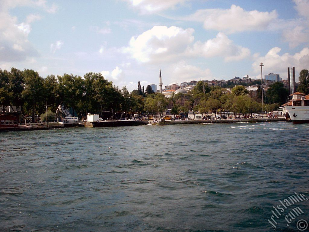 View of Besiktas coast and Sinan Pasha Mosque its behind from the Bosphorus in Istanbul city of Turkey.

