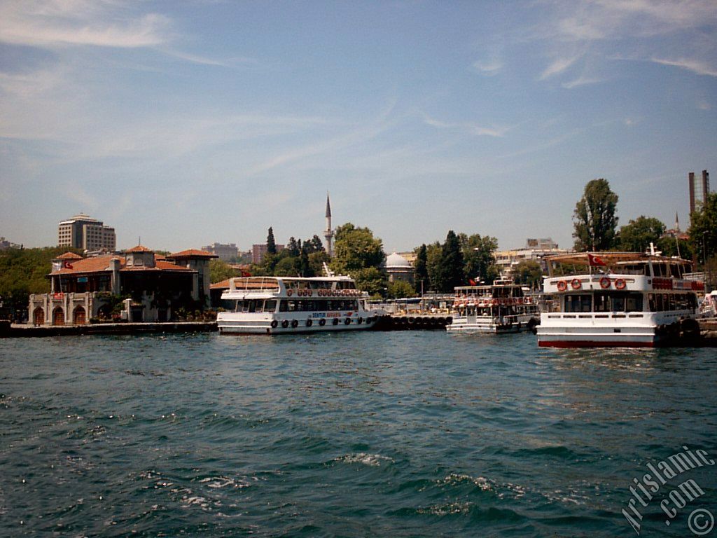 View of Besiktas jetty and Sinan Pasha Mosque its behind from the Bosphorus in Istanbul city of Turkey.
