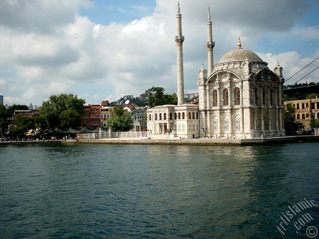 View of Ortakoy coast and Ortakoy Mosque from the Bosphorus in Istanbul city of Turkey.
