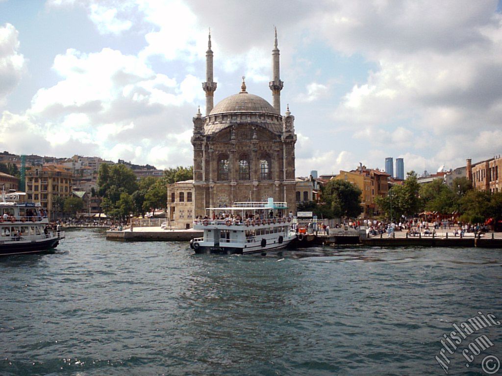 View of Ortakoy coast and Ortakoy Mosque from the Bosphorus in Istanbul city of Turkey.
