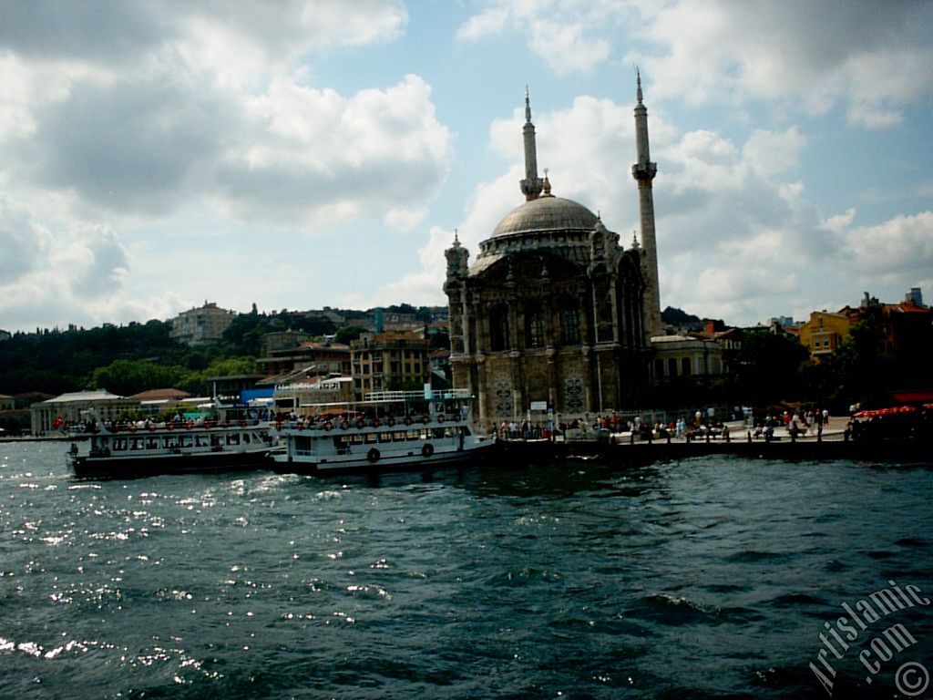 View of Ortakoy coast and Ortakoy Mosque from the Bosphorus in Istanbul city of Turkey.
