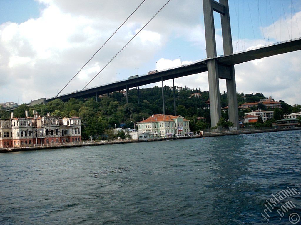 View of Bosphorus Bridge from the Bosphorus in Istanbul city of Turkey.
