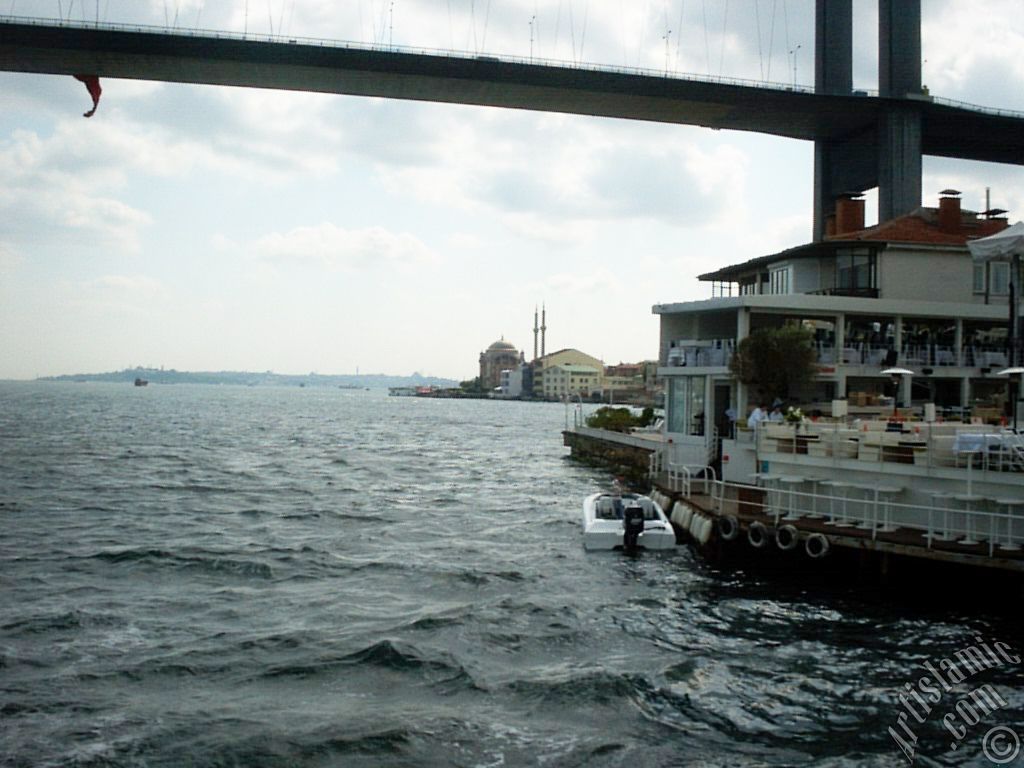 View of Ortakoy coast, Bosphorus Bridge and Ortakoy Mosque from the Bosphorus in Istanbul city of Turkey.
