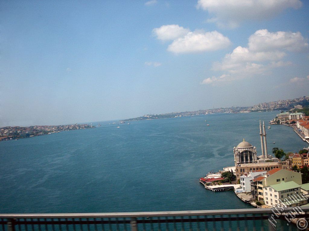 View of the Bosphorus in Istanbul from the Bosphorus Bridge over the sea of Marmara in Turkey.
