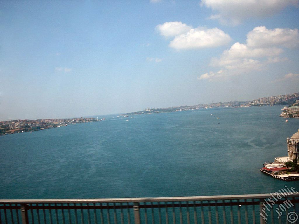 View of the Bosphorus in Istanbul from the Bosphorus Bridge over the sea of Marmara in Turkey.
