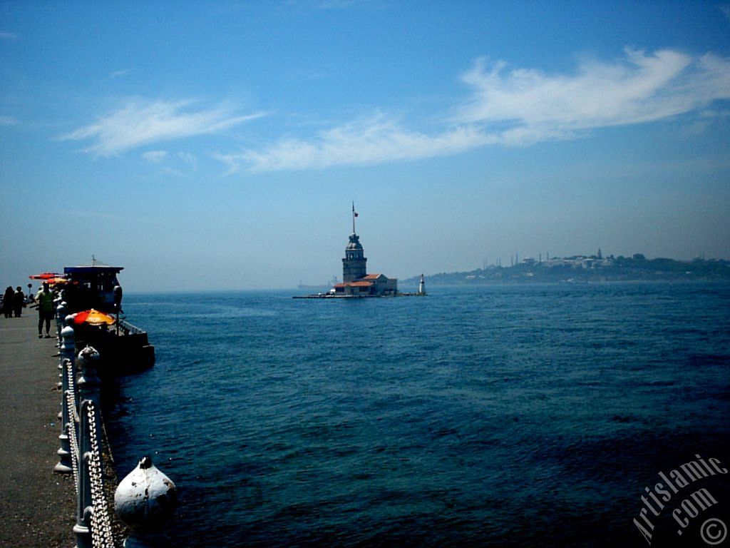 View of Kiz Kulesi (Maiden`s Tower) located in the Bosphorus from the shore of Uskudar in Istanbul city of Turkey.
