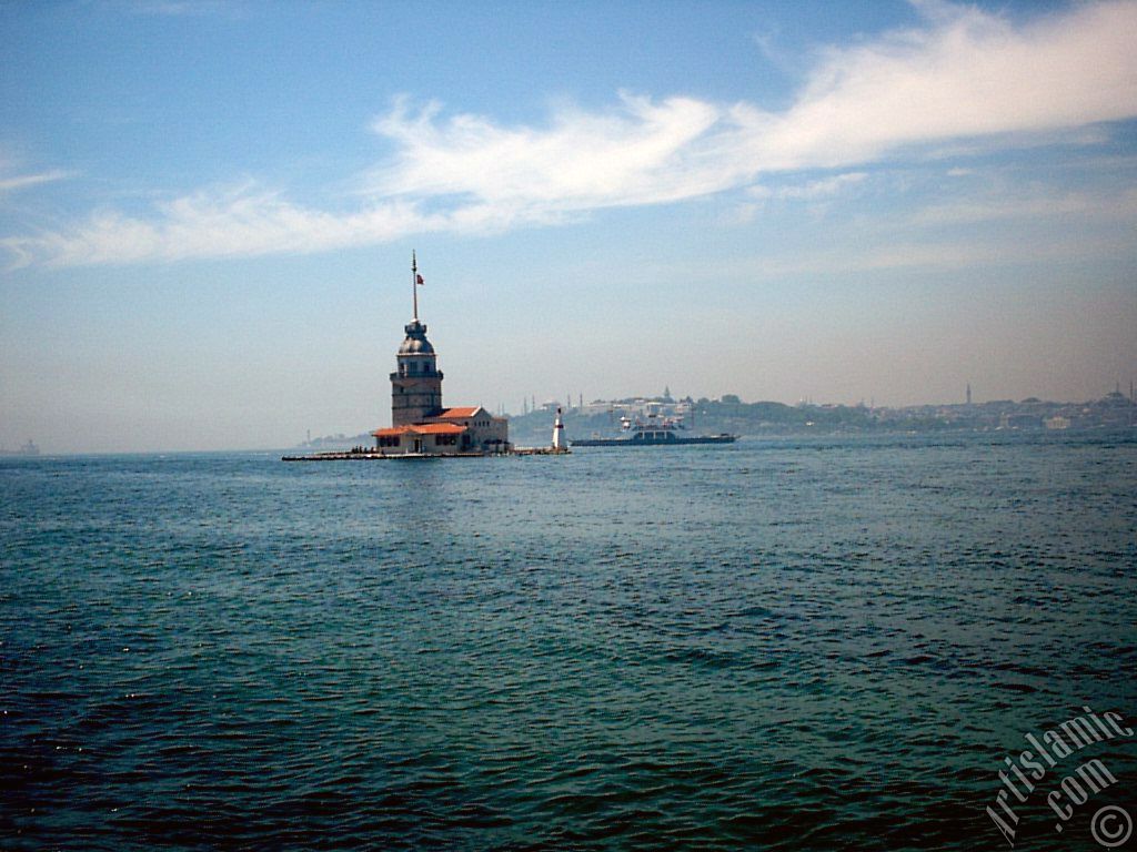View of Kiz Kulesi (Maiden`s Tower) located in the Bosphorus from the shore of Uskudar in Istanbul city of Turkey.
