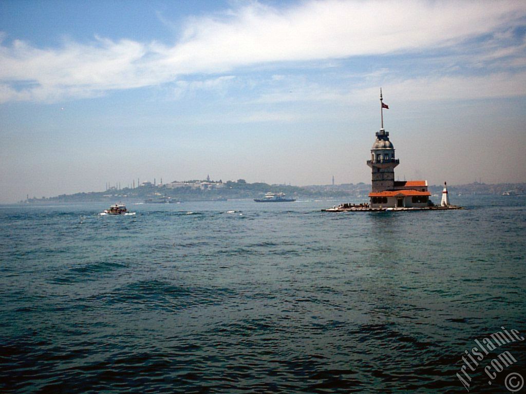 View of Kiz Kulesi (Maiden`s Tower) located in the Bosphorus from the shore of Uskudar in Istanbul city of Turkey.
