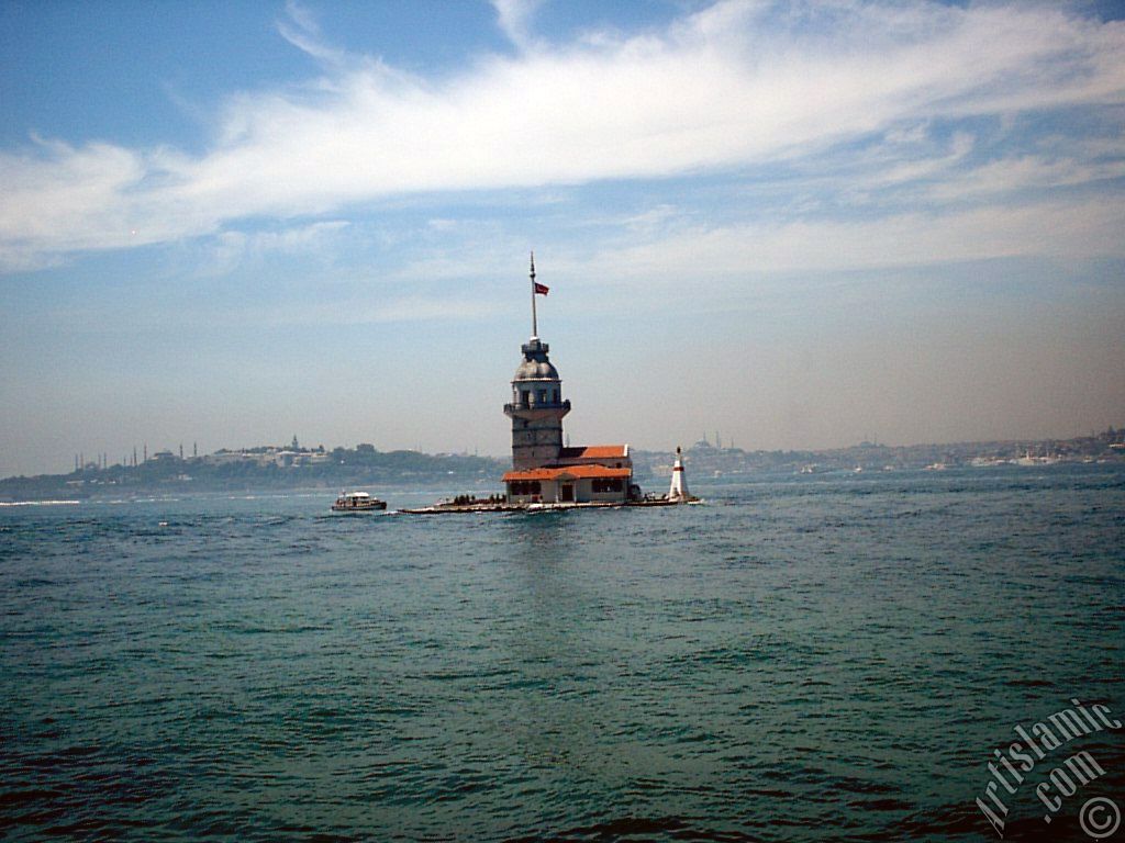 View of Kiz Kulesi (Maiden`s Tower) located in the Bosphorus from the shore of Uskudar in Istanbul city of Turkey.
