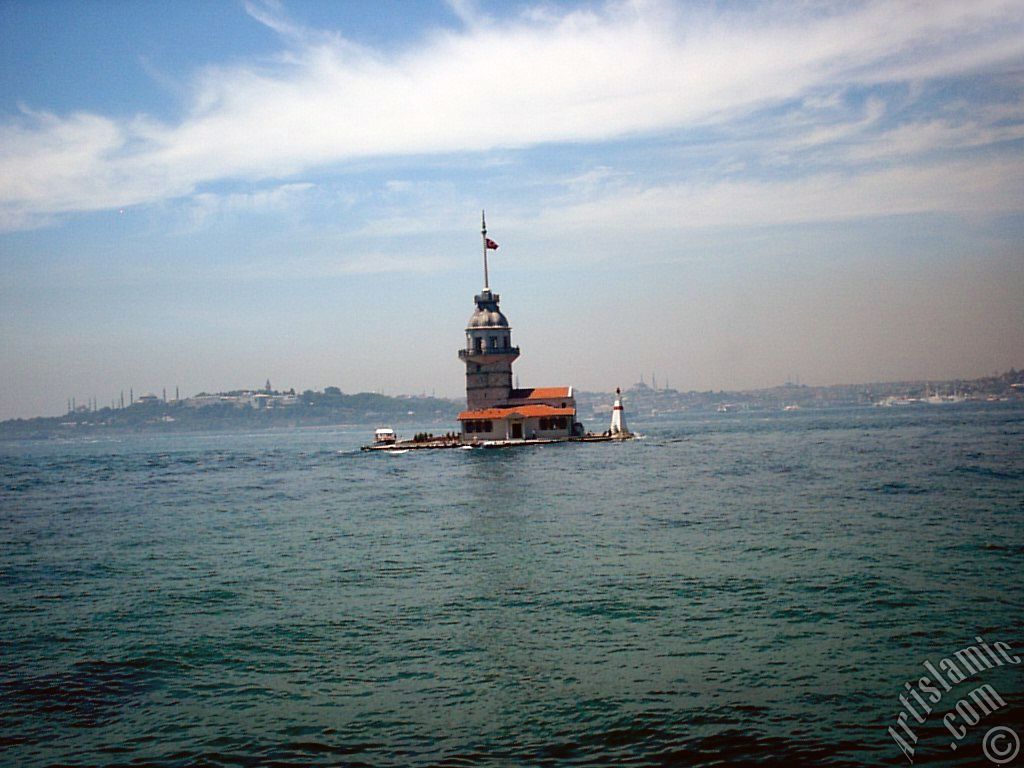 View of Kiz Kulesi (Maiden`s Tower) located in the Bosphorus from the shore of Uskudar in Istanbul city of Turkey.

