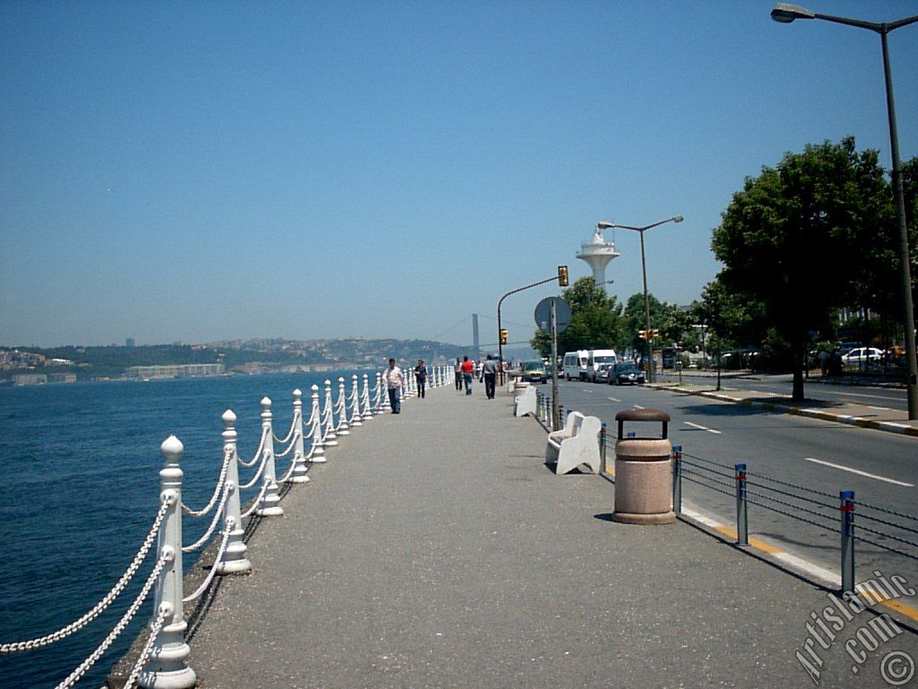 View of the shore and on the horizon Bosphorus Bridge from Uskudar district of Istanbul city of Turkey.
