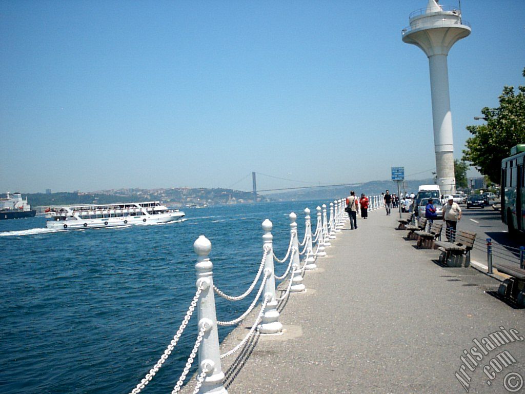 View of the shore and on the horizon Bosphorus Bridge from Uskudar district of Istanbul city of Turkey.
