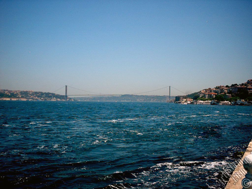 View of Bosphorus and Bosphorus Bridge from Uskudar shore of Istanbul city of Turkey.

