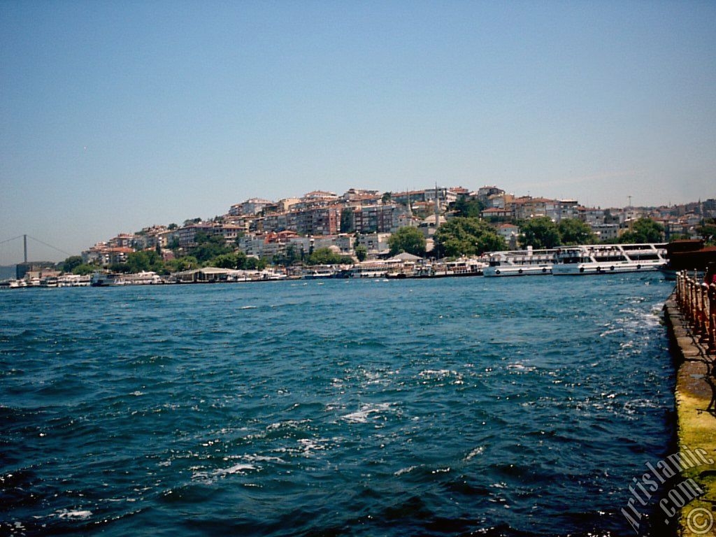 View of shore and Mihrimah Sultan Mosque from the Uskudar district in Istanbul city of Turkey.
