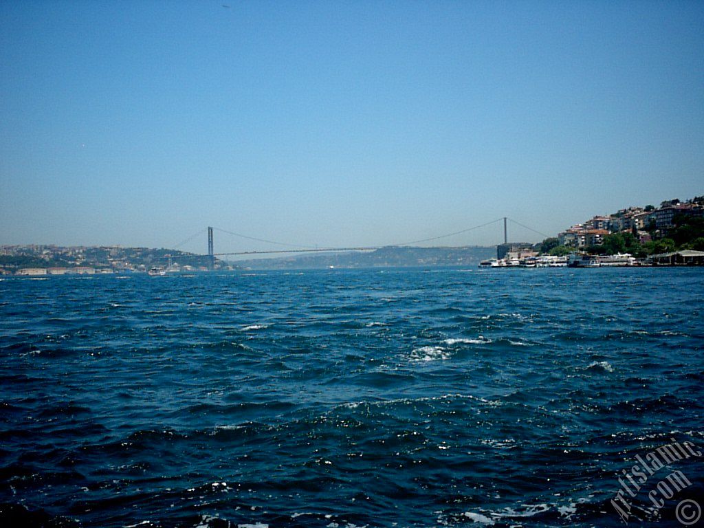 View of Bosphorus and Bosphorus Bridge from Uskudar shore of Istanbul city of Turkey.
