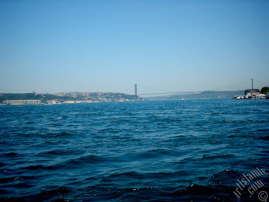 View of Bosphorus and Bosphorus Bridge from Uskudar shore of Istanbul city of Turkey.
