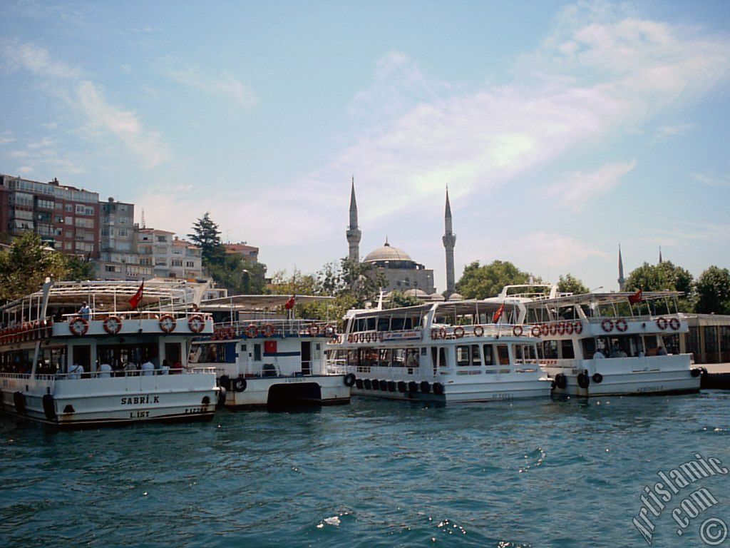 View of Uskudar coast and Mihrimah Sultan Mosque from the Bosphorus in Istanbul city of Turkey.
