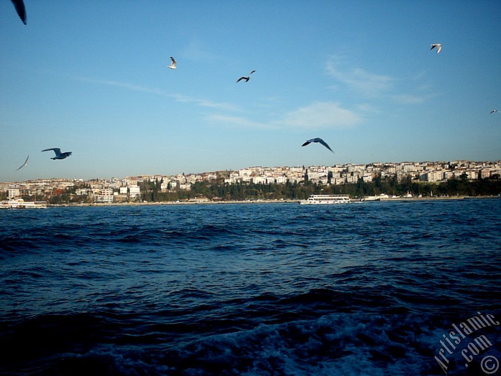 View of Uskudar-Harem coast from the Bosphorus in Istanbul city of Turkey.
