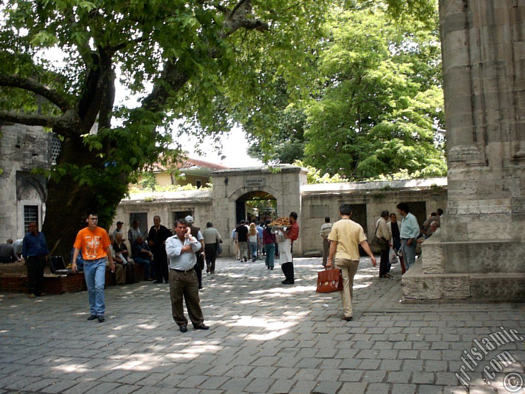 Historical plane tree area (Cinar Alti) and entrance of the Sahaflar (Book market) in Beyazit district in Istanbul city of Turkey.

