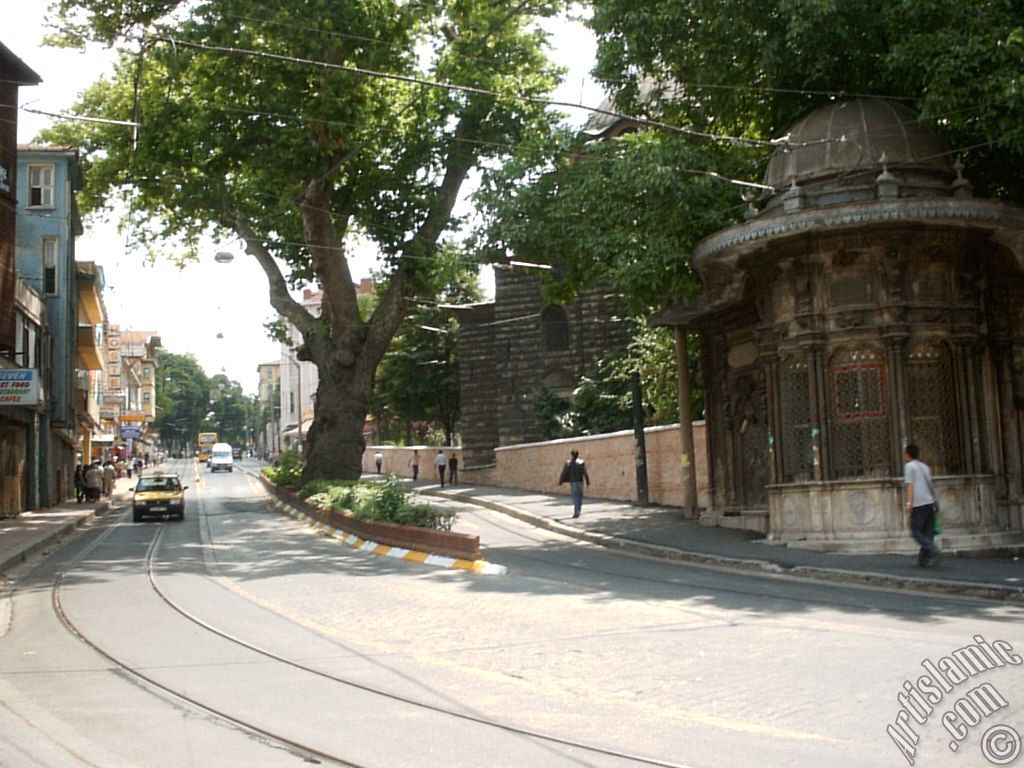 View towards Sultan Ahmet district from the entrance of Gulhane Park in Istanbul city of Turkey.
