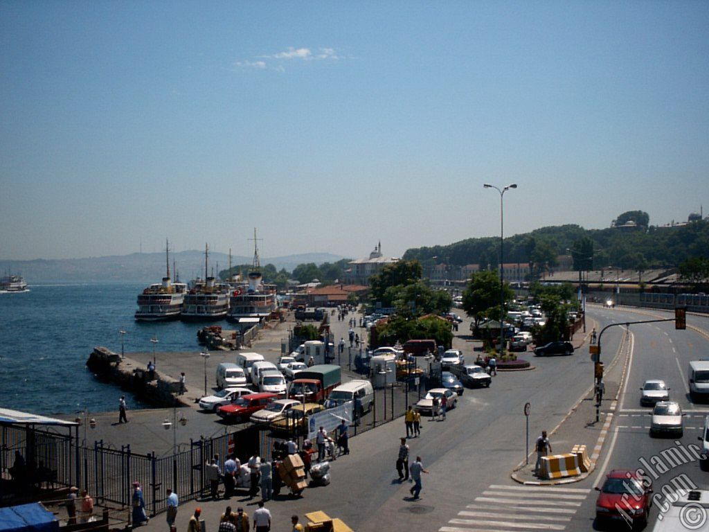View of jetties and coast from an overpass at Eminonu district in Istanbul city of Turkey.
