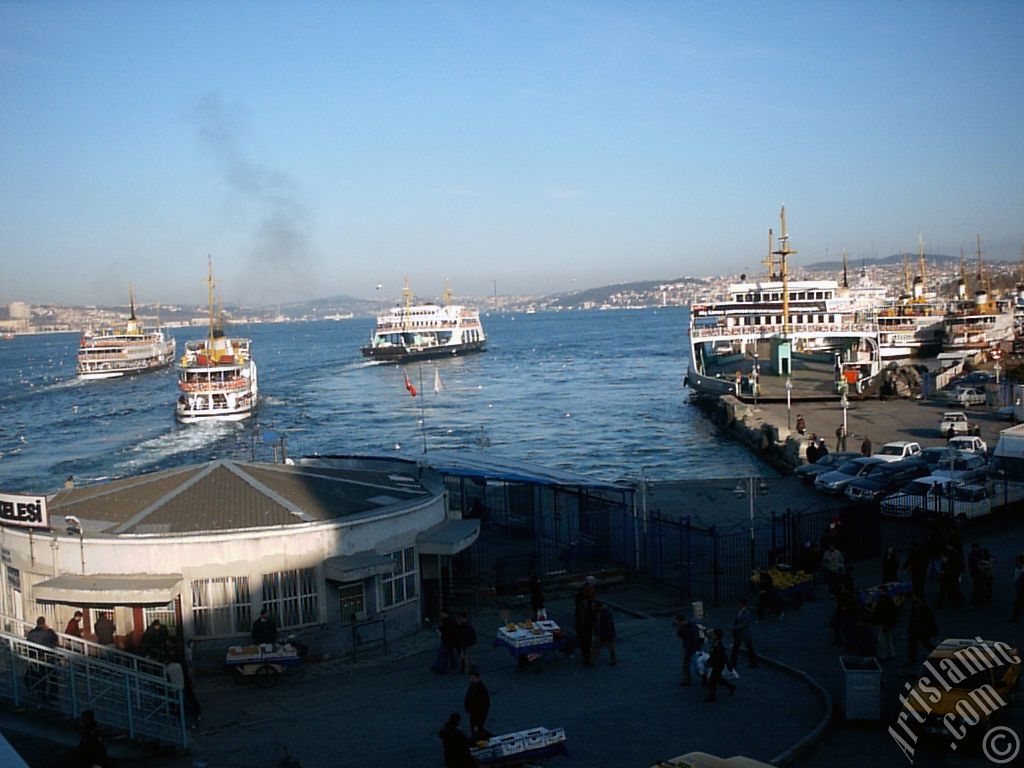 View of jetties and coast from an overpass at Eminonu district in Istanbul city of Turkey.
