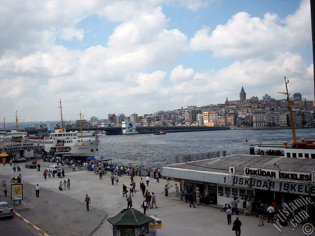 View of jetties, square, Galata Bridge and historical Galata Tower from an overpass at Eminonu district in Istanbul city of Turkey.
