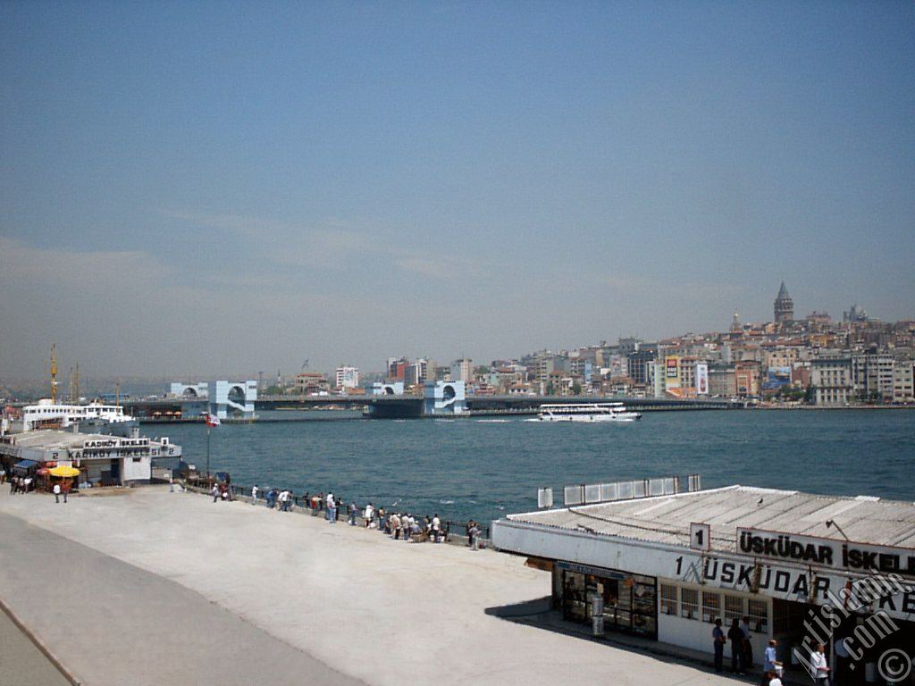 View of jetties, square, Galata Bridge and historical Galata Tower from an overpass at Eminonu district in Istanbul city of Turkey.
