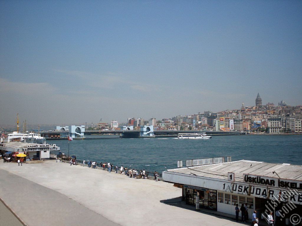 View of jetties, square, Galata Bridge and historical Galata Tower from an overpass at Eminonu district in Istanbul city of Turkey.
