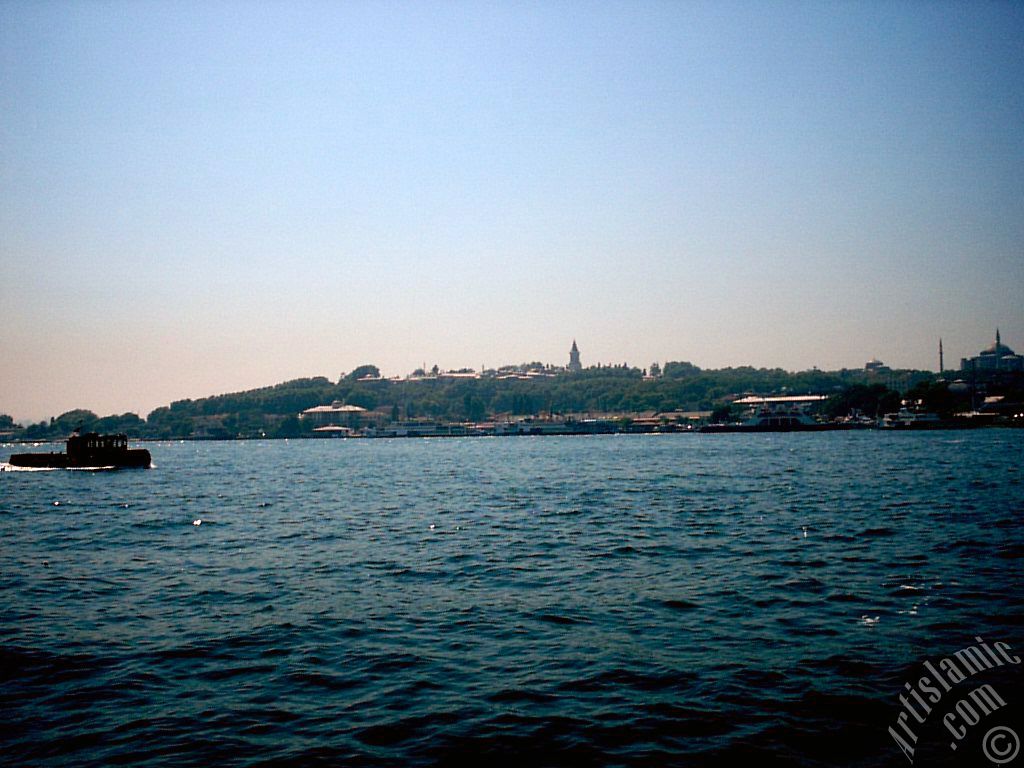 View of Eminonu coast, Ayasofya Mosque (Hagia Sophia) and Topkapi Palace from the shore of Karakoy in Istanbul city of Turkey.
