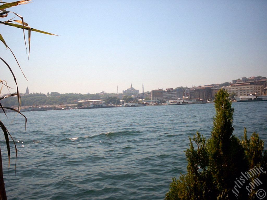View of Eminonu coast, Ayasofya Mosque (Hagia Sophia) and Topkapi Palace from the shore of Karakoy in Istanbul city of Turkey.
