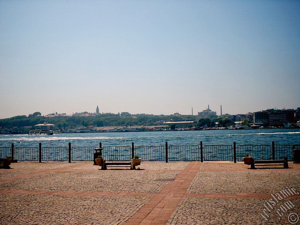 View of Eminonu coast, Ayasofya Mosque (Hagia Sophia) and Topkapi Palace from the shore of Karakoy in Istanbul city of Turkey.
